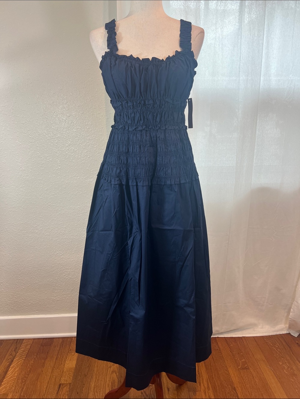 O.p.t. Freya Cotton Dress. Smocked Navy Maxi with Ruffled Straps. Size S. NWT
